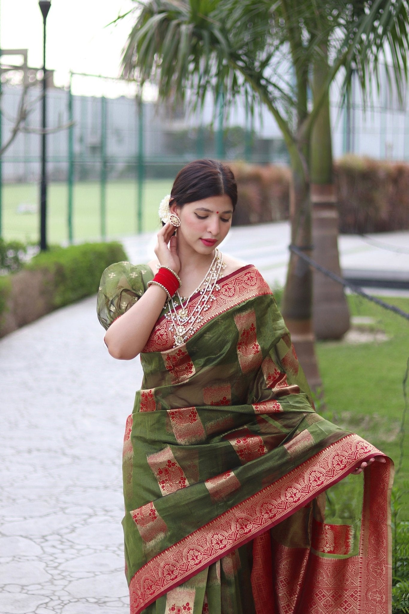 Green Pure Organza Silk Saree Stylish Blouse Piece - Almaari Fashion