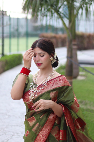 Green Pure Organza Silk Saree Stylish Blouse Piece - Almaari Fashion