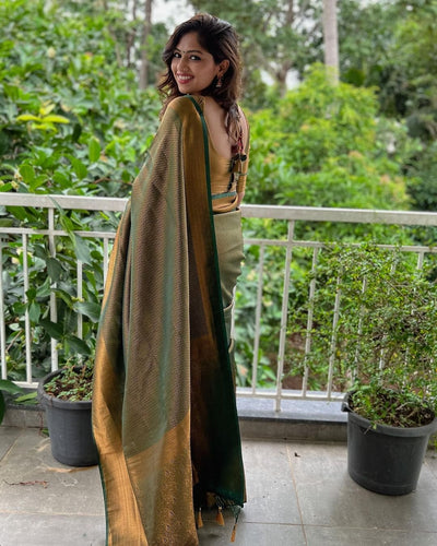 Green Pure Pure Banarasi Silk With Confounding Blouse Piece - Almaari Fashion