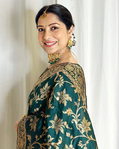 Green Pure Pure Banarasi Silk With Twirling Blouse Piece - Almaari Fashion