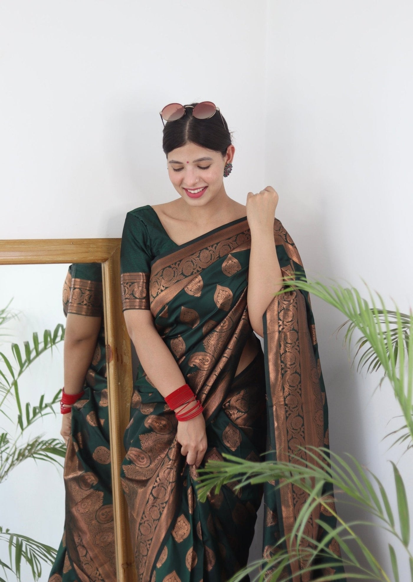 Green Pure Satin Silk Saree With Demure Blouse Piece - Almaari Fashion