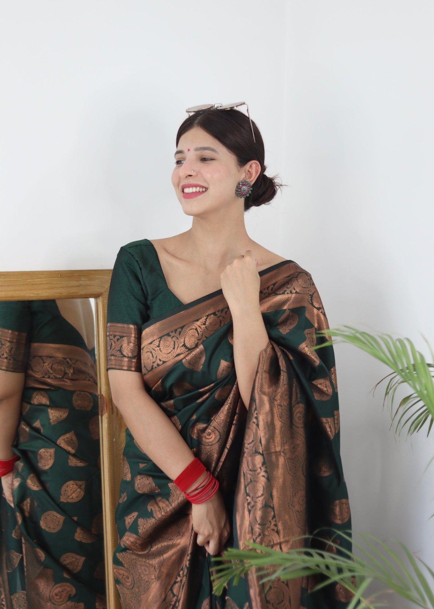Green Pure Satin Silk Saree With Demure Blouse Piece - Almaari Fashion