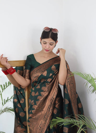 Green Pure Satin Silk Saree With Demure Blouse Piece - Almaari Fashion