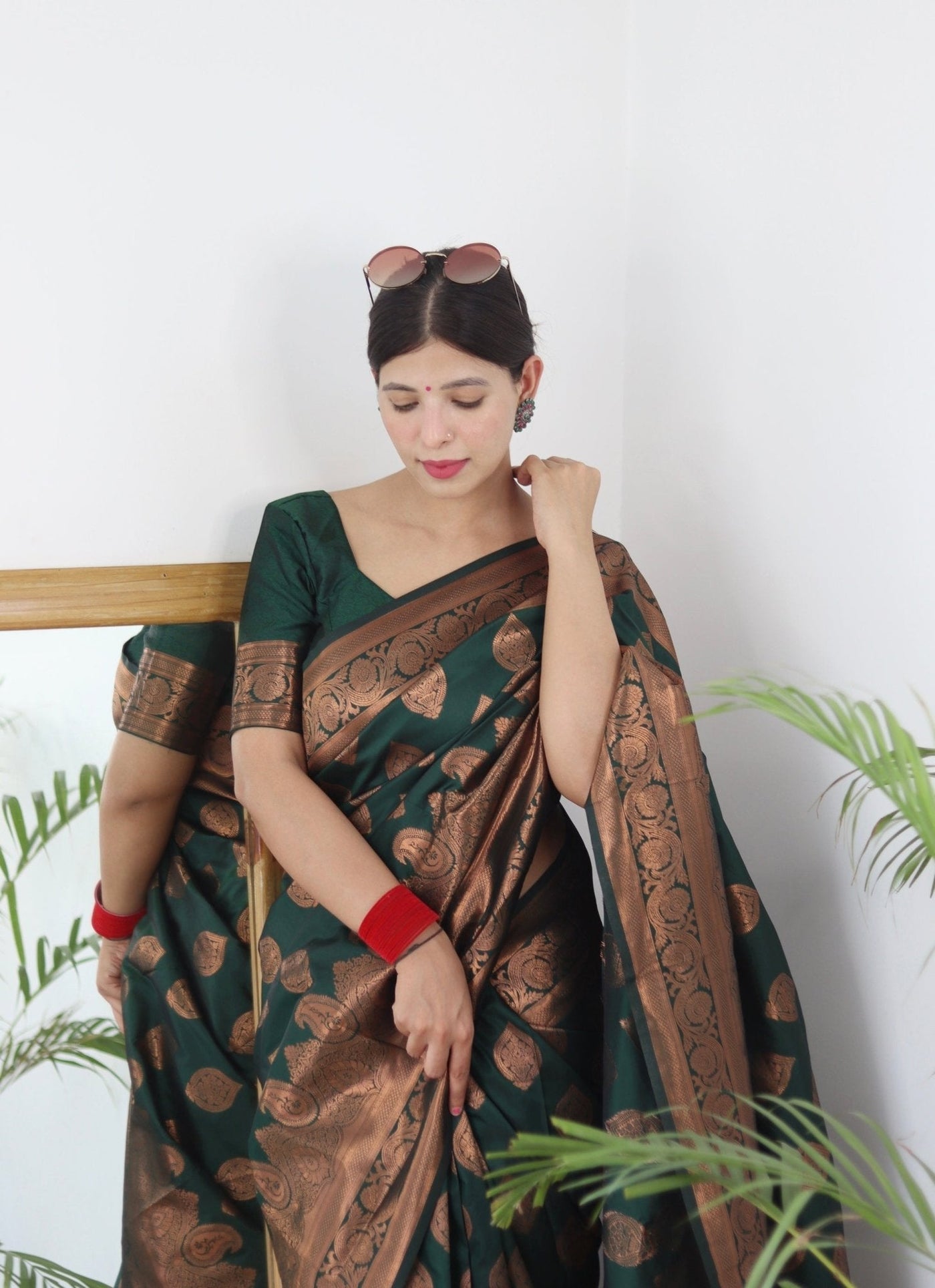 Green Pure Satin Silk Saree With Demure Blouse Piece - Almaari Fashion