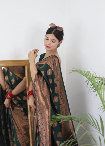 Green Pure Satin Silk Saree With Demure Blouse Piece - Almaari Fashion