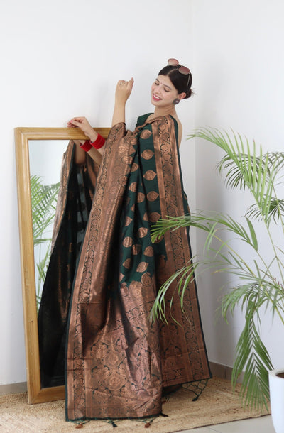 Green Pure Satin Silk Saree With Demure Blouse Piece - Almaari Fashion