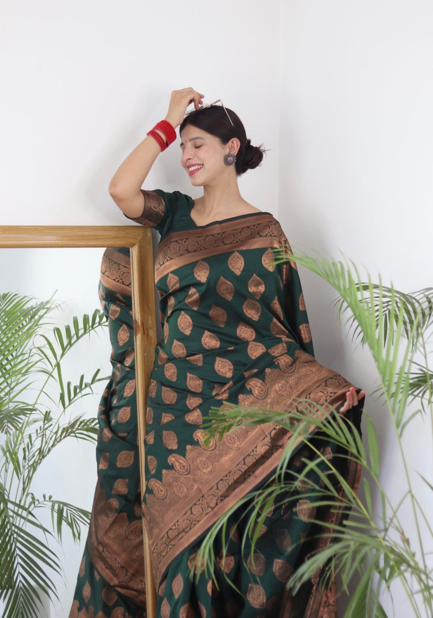 Green Pure Satin Silk Saree With Demure Blouse Piece - Almaari Fashion
