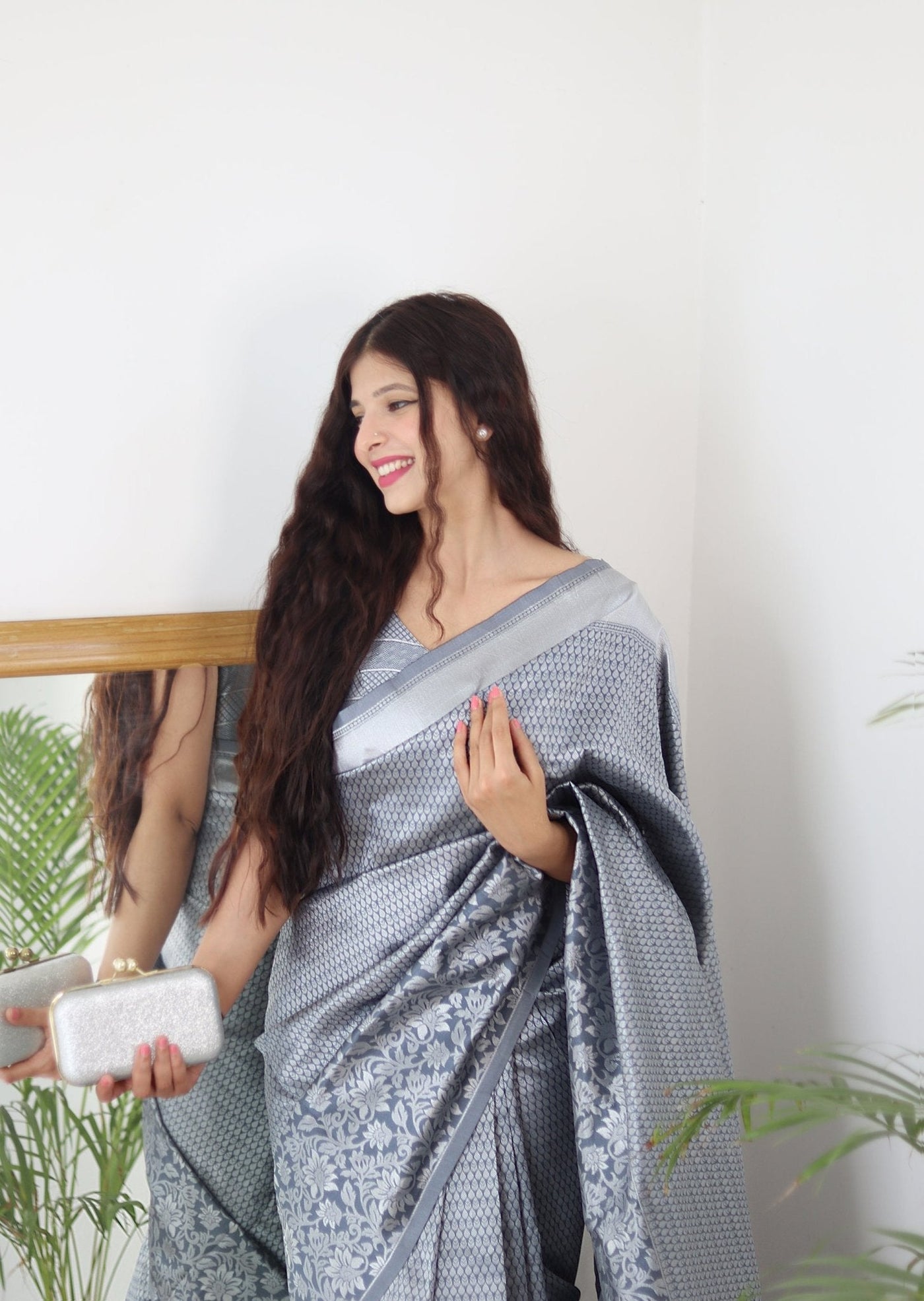 Grey Pure Kanjivaram Silk Saree With Twirling Blouse Piece - Almaari Fashion