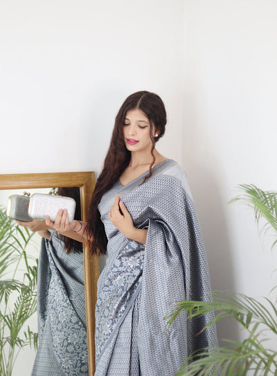 Grey Pure Kanjivaram Silk Saree With Twirling Blouse Piece - Almaari Fashion