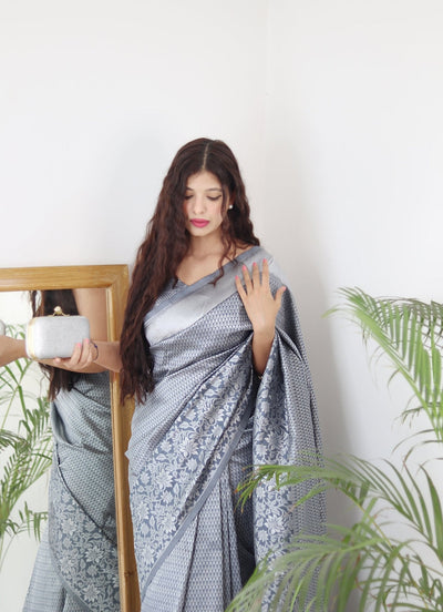 Grey Pure Kanjivaram Silk Saree With Twirling Blouse Piece - Almaari Fashion