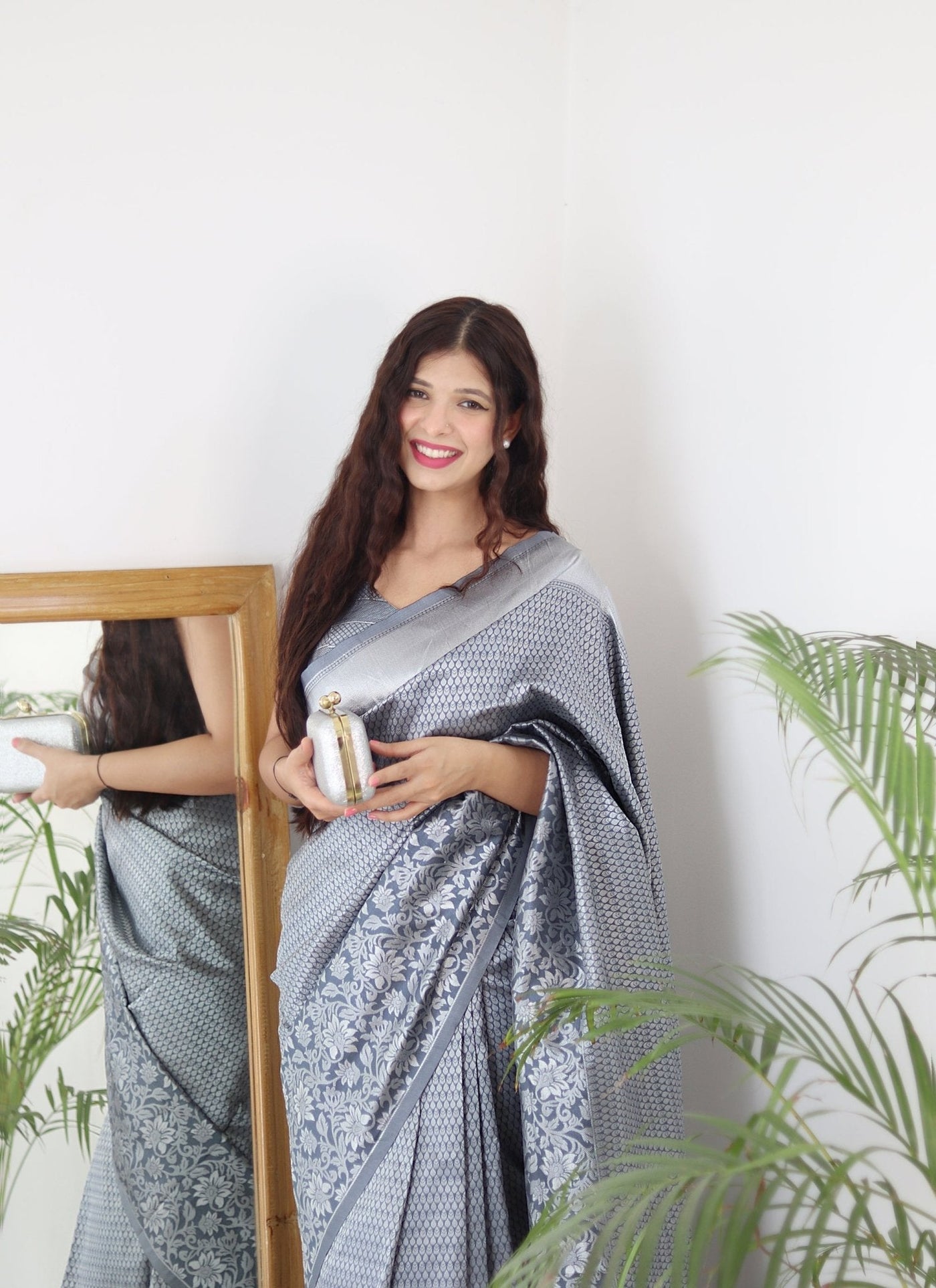 Grey Pure Kanjivaram Silk Saree With Twirling Blouse Piece - Almaari Fashion