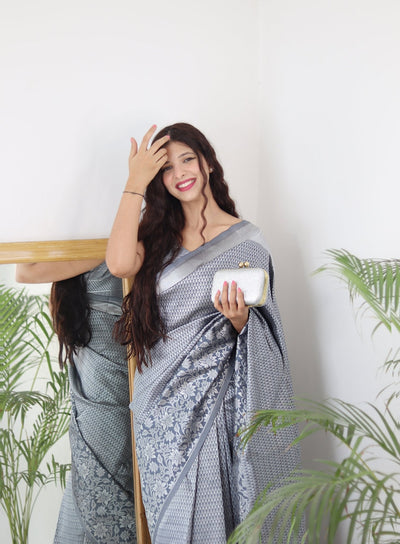 Grey Pure Kanjivaram Silk Saree With Twirling Blouse Piece - Almaari Fashion