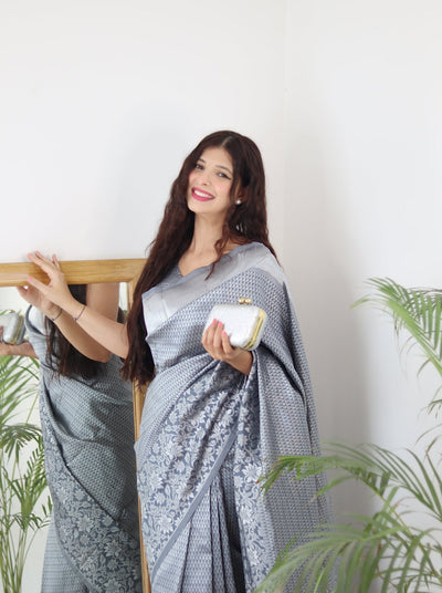 Grey Pure Kanjivaram Silk Saree With Twirling Blouse Piece - Almaari Fashion