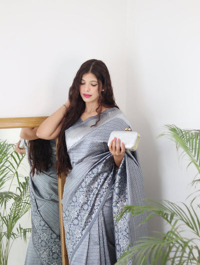 Grey Pure Kanjivaram Silk Saree With Twirling Blouse Piece - Almaari Fashion