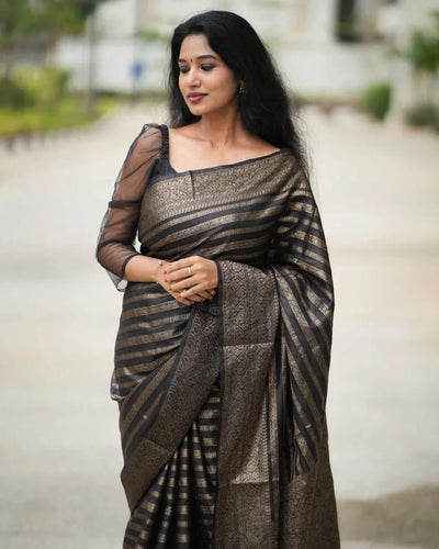 Grey Semi Silk Saree Weaved With Copper Zari Comes With Attached Blouse. - Almaari Fashion