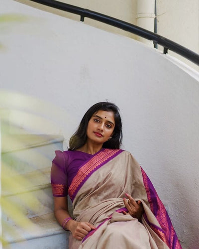 Grey With Purple Combination Pure Banarasi Silk Saree With Attractive Blouse Piece - Almaari Fashion