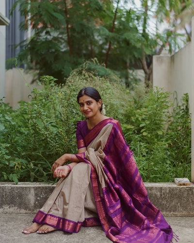 Grey With Purple Combination Pure Banarasi Silk Saree With Attractive Blouse Piece - Almaari Fashion