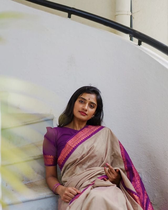 Grey With Purple Combination Pure Kanjivaram Silk Saree With Attractive Blouse Piece - Almaari Fashion