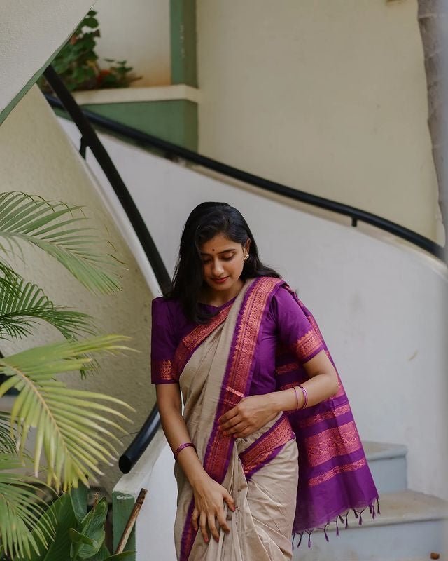 Grey With Purple Combination Pure Kanjivaram Silk Saree With Attractive Blouse Piece - Almaari Fashion