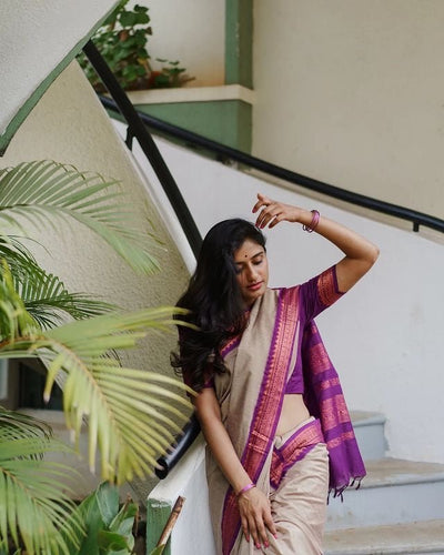 Grey With Purple Combination Pure Kanjivaram Silk Saree With Attractive Blouse Piece - Almaari Fashion