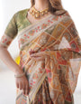 Multicolor Zari Woven Handloom Cotton Saree with Traditional Animal & Floral Motifs and Tassels