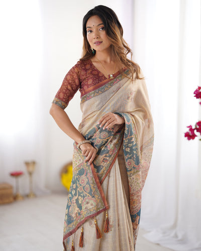 Beige Handloom Cotton Saree with Maroon Blouse and Multicolor Royal Procession Pallu