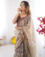 Beige & Brown Handloom Cotton Saree with Mythical Kalamkari Pallu and Elephant Motifs