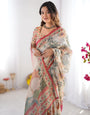 Beige & Red Handloom Linen Cotton Saree with Camel Caravan & Palace Artwork