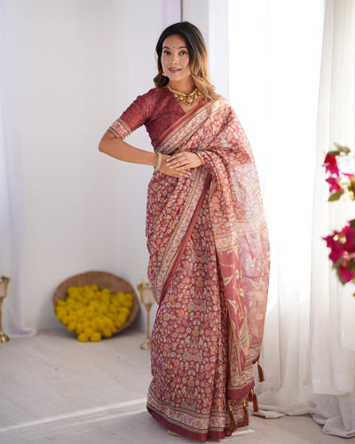 Maroon Pure Linen Cotton Handloom Saree with Elephant & Floral Folk Art