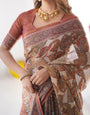 Rust Beige Pure Linen Cotton Saree with Paisley Motifs and Mandala Artwork