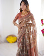 Rust Beige Pure Linen Cotton Saree with Paisley Motifs and Mandala Artwork