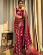 Wine Pure Banarasi Silk Saree With Twirling Blouse Piece