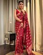 Red Pure Banarasi Silk Saree With Twirling Blouse Piece
