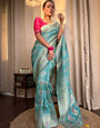 Turquoise Green Pure Banarasi Silk Saree With Twirling Blouse Piece