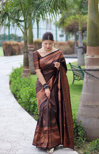 Black With Copper Zari Combination Pure Kanjivaram Silk Saree Stylish Blouse Piece