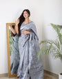 Grey Pure Kanjivaram Silk Saree With Twirling Blouse Piece