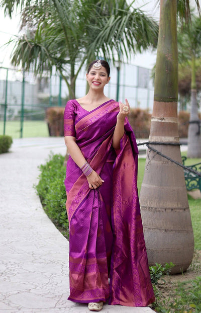 Magenta With Copper Zari Combination Pure Kanjivaram Silk Saree Stylish Blouse Piece