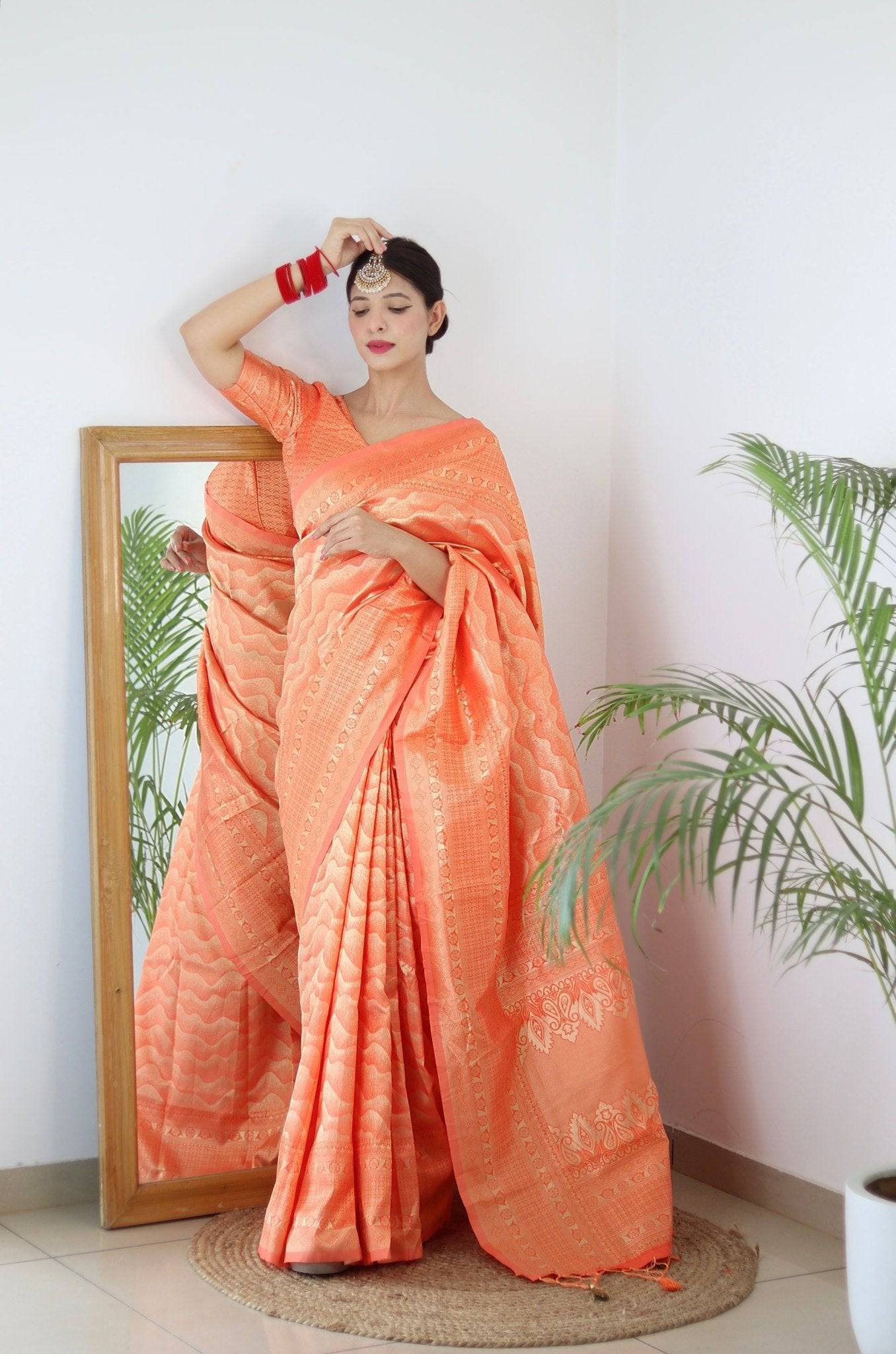 Orange Pure Kanjivaram Silk Saree With Twirling Blouse Piece