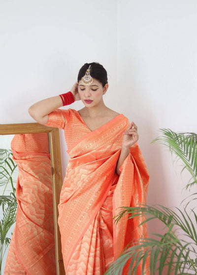 Orange Pure Kanjivaram Silk Saree With Twirling Blouse Piece