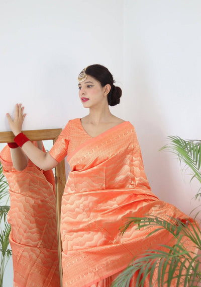 Orange Pure Kanjivaram Silk Saree With Twirling Blouse Piece