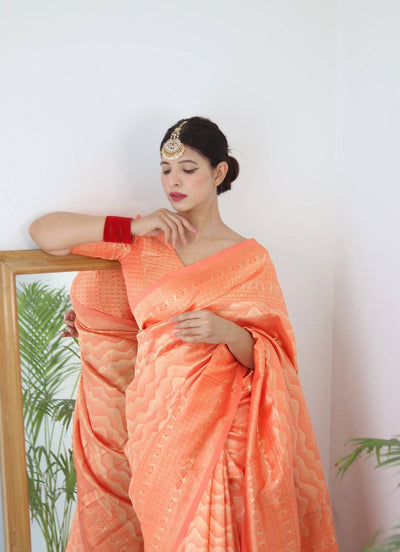 Orange Pure Kanjivaram Silk Saree With Twirling Blouse Piece