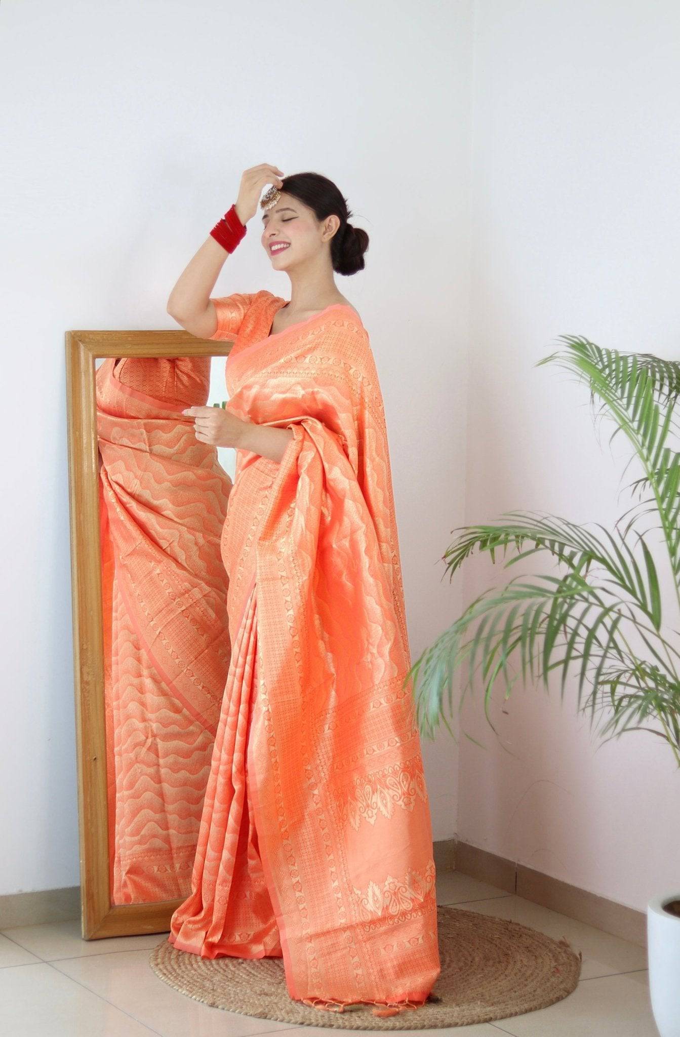 Orange Pure Kanjivaram Silk Saree With Twirling Blouse Piece