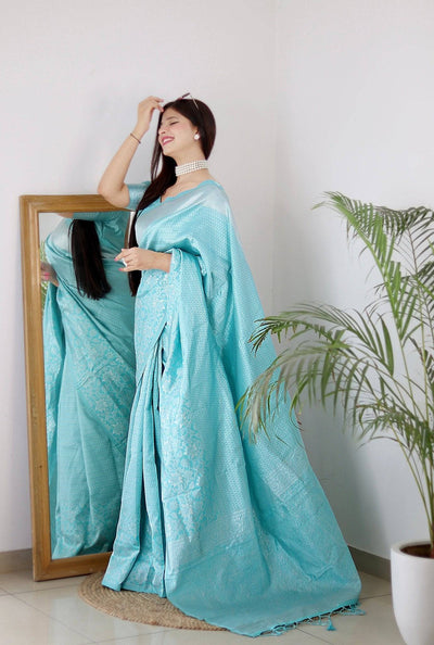 Sky Pure Kanjivaram Silk Saree With Twirling Blouse Piece