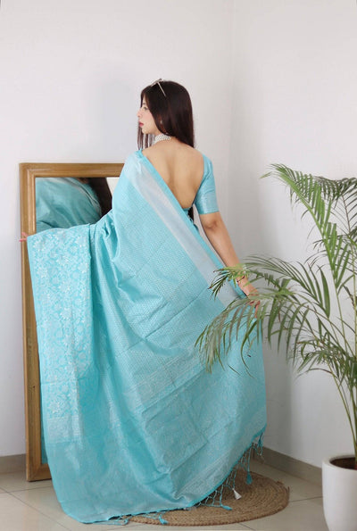 Sky Pure Kanjivaram Silk Saree With Twirling Blouse Piece