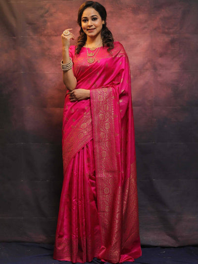 Pink Pure Kanjivaram Silk Weaved With Copper Zari Comes With Heavy Kanjivaram Brocade Blouse