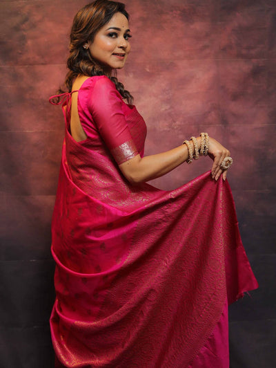 Pink Pure Kanjivaram Silk Weaved With Copper Zari Comes With Heavy Kanjivaram Brocade Blouse