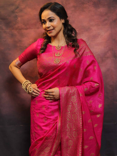 Pink Pure Kanjivaram Silk Weaved With Copper Zari Comes With Heavy Kanjivaram Brocade Blouse