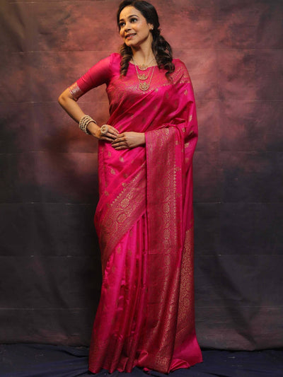 Pink Pure Kanjivaram Silk Weaved With Copper Zari Comes With Heavy Kanjivaram Brocade Blouse