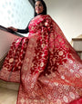 Red Pure Kanjivaram Silk Weaved With Copper Zari Comes With Heavy Kanjivaram Brocade Blouse