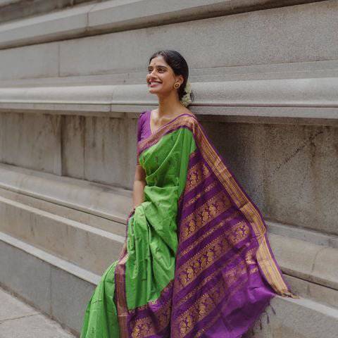 P Green And Purple Combination Pure Kanjivaram Silk Saree With Attractive Blouse Piece